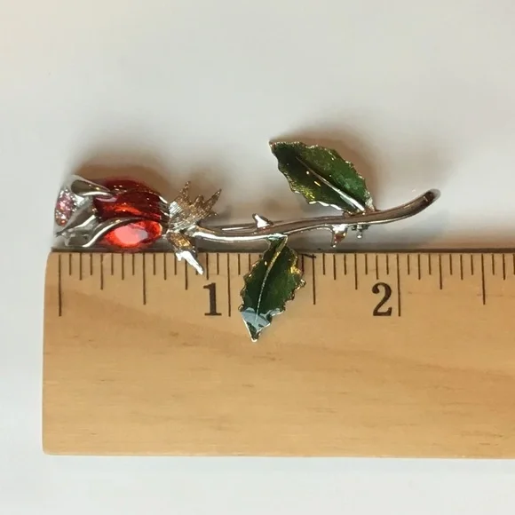 Vintage Enameled Rose Pin Flower Brooch Signed Silver Tone - Picture 3 of 10
